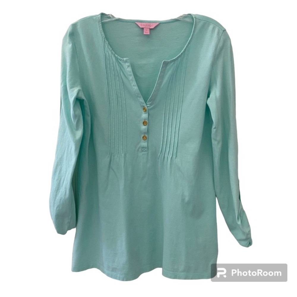 Lilly Pulitzer Light Green Roll Tab Sleeves With Pleated Front With Gold…